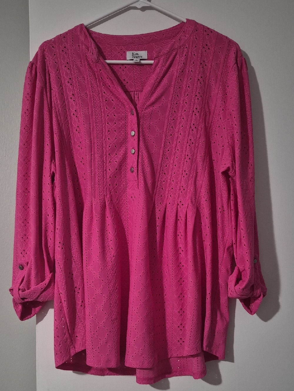 Kim Rogers Bright Pink Eyelet Henley Tunic